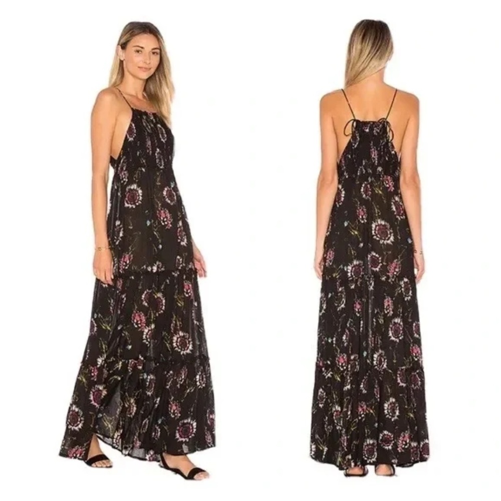 Free People Black Floral Tiered Maxi Dress with Pink and Green Blooms